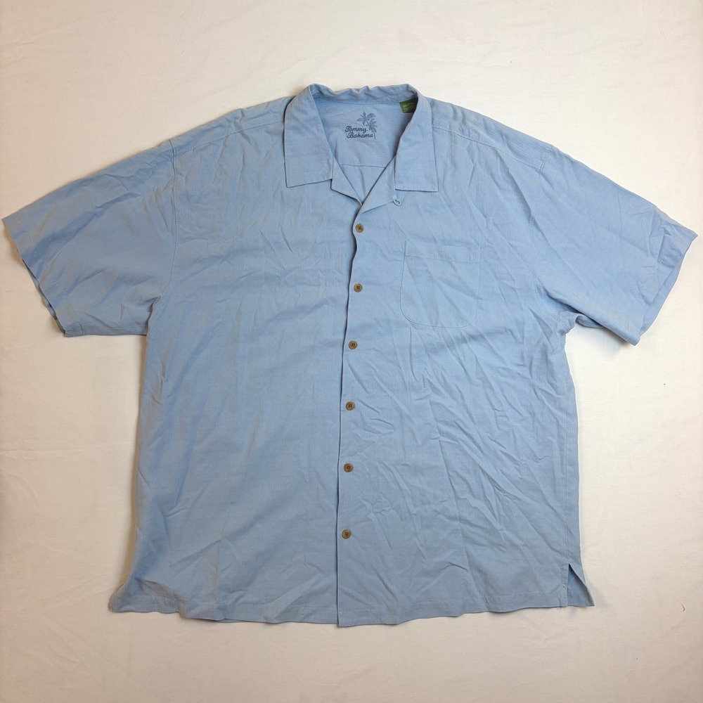 Tommy Bahama Mens XXL Light Blue 100% Silk Short Sleeve Camp Shirt Button Down